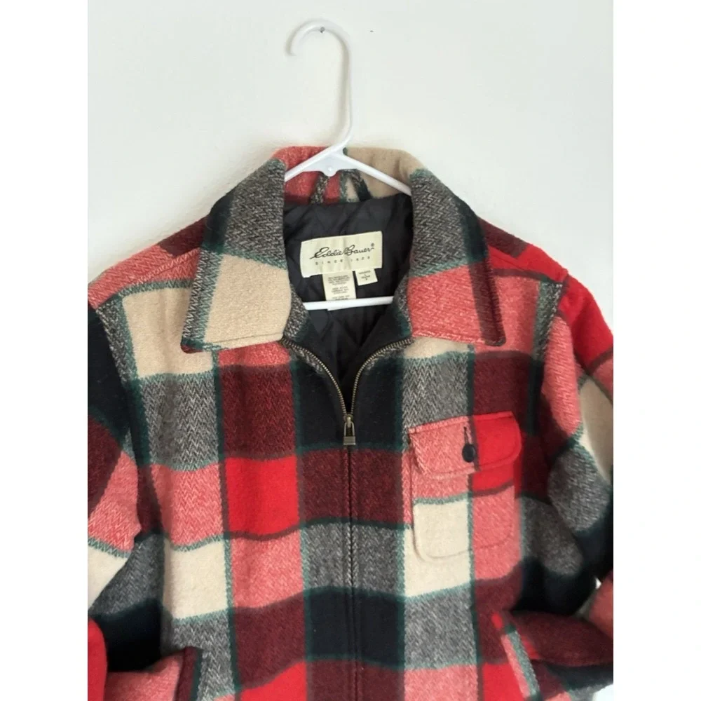 Wool Eddie Bauer Women's Plaid Coat Size Large In Red Green And Ivory Christmas - Picture 3 of 7